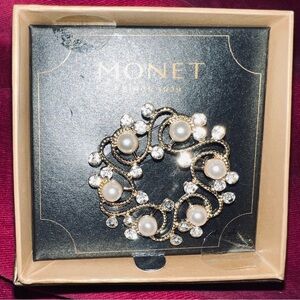 Monet Gold-Tone Pearl & Crystal Wreath Brooch - New In Box